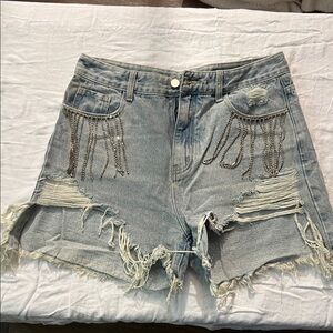 Distressed Denim Festival or Coachella Shorts with Rhinestone Chain Detail